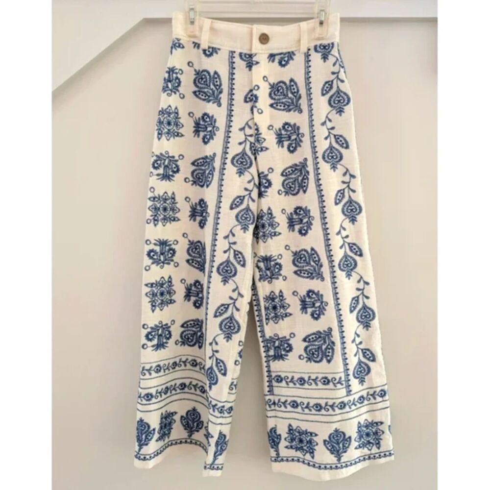 Joie Blue and White Embroidered Linen-Blend Wide-Leg Pants (NWT)